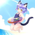  :3 :d ahoge animal_ears bad_id bad_pixiv_id beach blue_swimsuit cat_ears cat_tail cloud day eyebrows fang flat_chest innertube jumping looking_at_viewer mao_(mizuki_kotora) mizuki_kotora old_school_swimsuit one-piece_swimsuit open_mouth original purple_hair school_swimsuit short_hair sky smile solo swimsuit tail thick_eyebrows yellow_eyes 