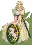  blonde_hair blue_eyes curly_hair eowyn glorel highres long_hair lord_of_the_rings shield solo sword weapon white_background 