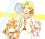  2girls chibi colored_pencil_(medium) grandia grandia_i highres justin_(grandia) layered_sleeves lily_(grandia) long_hair mother_and_son multiple_girls no_01 no_nose one_eye_closed purple_hair puui_(grandia) sue_(grandia) tablet traditional_media tray 