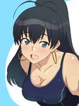  :d antenna_hair bare_shoulders black_hair blue_eyes breasts cleavage competition_swimsuit earrings fang ganaha_hibiki highres hoop_earrings idolmaster idolmaster_(classic) jewelry kagemusha looking_at_viewer medium_breasts one-piece_swimsuit open_mouth ponytail school_swimsuit smile solo swimsuit 
