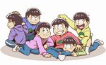  brothers brown_hair hood hoodie indian_style lying_on_person male_focus matsuno_choromatsu matsuno_ichimatsu matsuno_juushimatsu matsuno_karamatsu matsuno_osomatsu matsuno_todomatsu multiple_boys osomatsu-kun osomatsu-san sakama sextuplets shorts siblings simple_background sitting sleeves_past_wrists smile socks white_background 