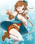  artist_request breasts brown_eyes brown_hair earrings hat idolmaster idolmaster_cinderella_girls jewelry katagiri_sanae medium_breasts microphone necktie official_art one_eye_closed short_twintails shorts smile snowflake_background snowflakes solo sparkle thighhighs twintails vintage_microphone white_legwear 