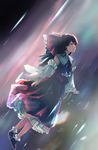  ascot backlighting black_hair blur bow dark detached_sleeves expressionless flying frilled_bow frilled_legwear frilled_shirt_collar frilled_skirt frills hair_bow hair_tubes hakurei_reimu highres light_particles long_hair looking_afar night night_sky red_eyes red_footwear red_skirt ribbon-trimmed_sleeves ribbon_trim saltlaver shoes skirt sky socks solo star_(sky) starry_sky touhou white_legwear 