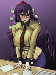  alternate_costume belt bespectacled between_breasts black_hair black_skirt black_wings blush breasts brown_shirt collared_shirt danna_(karatekikku) dark desk feathered_wings glasses hat hips huge_breasts long_sleeves looking_to_the_side miniskirt necktie open_mouth papers purple_background red_eyes red_neckwear shameimaru_aya shirt short_hair simple_background sketch skirt smile solo tokin_hat touhou wings 