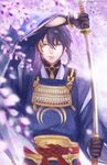  black_gloves black_hair blue_eyes feesh flower gloves highres japanese_clothes katana male_focus mikazuki_munechika petals sayagata sheath smile solo sword touken_ranbu unsheathing weapon 