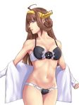  bare_shoulders black_bra bra breasts brown_hair collarbone double_bun headgear ishii_hisao kantai_collection kongou_(kantai_collection) lingerie long_hair long_sleeves looking_to_the_side medium_breasts navel open_clothes open_shirt panties parted_lips shirt simple_background solo standing stomach underwear undressing very_long_hair white_background white_shirt 