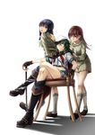  black_hair braid brown_eyes brown_hair chair crossed_legs error eyepatch gloves green_hair hair_over_one_eye hat highres hoshiyoruno kantai_collection kiso_(kantai_collection) kitakami_(kantai_collection) long_hair midriff multiple_girls ooi_(kantai_collection) open_mouth peaked_cap pleated_skirt purple_eyes remodel_(kantai_collection) school_uniform serafuku sitting skirt smile sword watson_cross weapon 