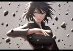  arm_up black_dress black_hair breasts dress fubuki_(one-punch_man) green_eyes large_breasts looking_at_viewer one-punch_man rubble short_hair siraha solo 
