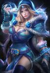  banned_artist blonde_hair blue_eyes breasts cleavage defense_of_the_ancients dota_2 forehead_jewel gauntlets gem highres hood large_breasts non-web_source rylai_crestfall sakimichan solo thighhighs 
