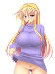  absurdres alternate_costume ass_visible_through_thighs blonde_hair blush bottomless breasts clothes_lift cowboy_shot food hair_over_breasts highres large_breasts long_hair long_sleeves looking_at_viewer mokkori9 mouth_hold naked_sweater no_hat no_headwear pocky pocky_day pubic_hair purple_eyes pussy ribbed_sweater sidelocks simple_background solo sweater sweater_lift thighs touhou turtleneck uncensored very_long_hair white_background yakumo_yukari 
