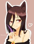  animal_ears artist_name bare_shoulders blush breasts brooch brown_hair cleavage collarbone dress fang fingernails flower imaizumi_kagerou jewelry ke-su long_hair looking_at_viewer medium_breasts nail_polish red_eyes smile solo touhou wolf_ears 