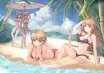  barefoot beach beach_umbrella bikini blonde_hair blue_eyes breasts brown_hair california_(zhan_jian_shao_nyu) chin_rest cleavage cloud d3a day front-tie_top hair_ornament hairclip heterochromia highres large_breasts leg_up long_hair lying mountain multiple_girls navel nevada_(zhan_jian_shao_nyu) oklahoma_(zhan_jian_shao_nyu) on_stomach outdoors palm_tree sand short_hair side-tie_bikini sitting sky swimsuit tennessee_(zhan_jian_shao_nyu) the_pose tree umbrella water youxuemingdie zhan_jian_shao_nyu 