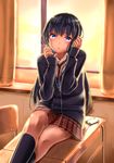  bad_id bad_pixiv_id black_cardigan black_hair black_legwear blue_eyes blush buttons cardigan chair checkered checkered_skirt collared_shirt curtains desk digital_media_player expressionless head_tilt headphones ipod ipod_touch kneehighs long_sleeves looking_at_viewer necktie nosa original red_neckwear red_skirt school school_desk school_uniform shirt short_hair sitting skirt solo sunset white_shirt window windowsill 