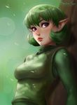  against_tree breasts dandon_fuga eyelashes green_hair green_hairband hairband kokiri lips md5_mismatch nose pointy_ears purple_eyes ribbed_sweater saria short_hair small_breasts solo sweater the_legend_of_zelda the_legend_of_zelda:_ocarina_of_time tree turtleneck 