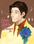  blue_eyes blue_flower blue_rose boutonniere brown_hair corsage facial_hair flower formal happy_birthday iimo male_focus rose sebastian_castellanos solo stubble suit the_evil_within 