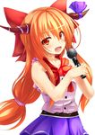  :d bare_arms bare_shoulders belt blush bow breasts cookie_(touhou) fang hair_bow highres horn_bow horns ibuki_suika large_bow long_hair looking_at_viewer low-tied_long_hair microphone open_mouth orange_eyes orange_hair skirt small_breasts smile solo szk torn_clothes torn_sleeves touhou very_long_hair 