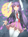  :c animal_ears blazer bunny_ears danmaku finger_gun full_moon jacket long_hair long_sleeves looking_at_viewer moon necktie night open_blazer open_clothes open_jacket purple_hair red_eyes reisen_udongein_inaba shirt skirt sky solo thighhighs touhou uumaru very_long_hair white_legwear zettai_ryouiki 