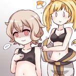  0_0 2girls ? atra_mixta bare_shoulders blonde_hair breast_envy breasts brown_hair empty_eyes gundam gundam_tekketsu_no_orphans i.u.y kudelia_aina_bernstein long_hair midriff multiple_girls navel ponytail red_eyes shaded_face short_hair small_breasts smile spacesuit spoken_ellipsis spoken_question_mark sports_bra 