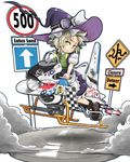  ace_of_spades aircraft airplane alternate_hairstyle bad_id bad_pixiv_id blonde_hair bmw boots bow braid canon_(company) citizen citizen_(company) gatling_gun goggles goggles_on_head green_eyes gun hat hat_bow highres hover_bike kirisame_marisa kitsuneno_denpachi puffy_sleeves road_sign shoei short_hair sign solo touhou us_air_force weapon white_bow witch_hat wrist_cuffs 