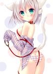  animal_ears aqua_eyes breasts collar leash medium_breasts meiya_neon open_clothes open_shirt original panties plaid plaid_panties shirt short_hair solo tail underwear white_hair 