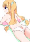  blonde_hair blush from_behind fuyuno_mikan long_hair lying on_stomach panties simple_background smile solo topless underwear white_background 