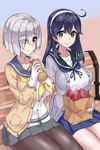  bag black_hair blue_eyes breasts brown_eyes cardigan eating food gloves hair_ornament hair_over_one_eye hairclip hamakaze_(kantai_collection) highres kantai_collection large_breasts long_hair md5_mismatch mizuumi_(bb) multiple_girls pantyhose paper_bag school_uniform serafuku short_hair smile sweet_potato ushio_(kantai_collection) 