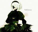  bangs black_blindfold black_dress blindfold copyright_name dress from_side green_eyes hair_over_one_eye hairband looking_to_the_side nier_(series) nier_automata parted_lips puffy_sleeves short_hair solo turtleneck upper_body white_hair yorha_no._2_type_b 