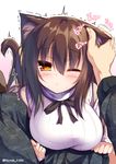  :&lt; animal_ears bangs blush breasts brown_hair cat_ears cat_tail ear_fondling large_breasts long_hair long_sleeves looking_at_viewer mia_flatpaddy one_eye_closed original out_of_frame petting ribbed_sweater solo_focus sweater syroh tail trembling tsurime turtleneck twitter_username yellow_eyes 