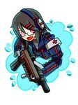  acyo commentary deviantart_sample fang glasses headphones image_sample internet_positif ipo-chan open_mouth red_eyes sharp_teeth short_hair smile solo teeth weapon 