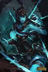  alternate_breast_size blue_skin breasts citemer cleavage glowing glowing_eyes kalista large_breasts league_of_legends long_hair polearm solo_focus spear weapon 