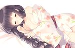  black_hair bottomless braid closed_eyes japanese_clothes kantai_collection kimono kitakami_(kantai_collection) komi_zumiko long_hair lying single_braid sleeping solo yukata 