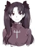  black_hair fate/stay_night fate_(series) hair_ribbon long_hair monochrome puyo ribbon smile solo sweater toosaka_rin two_side_up upper_body 