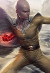  bald bodysuit burning_hand cape fighting_stance highres male_focus one-punch_man realistic saitama_(one-punch_man) serious shiny signature solo stanley_lau superhero yellow_bodysuit 