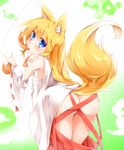  aburaage animal_ears ass blonde_hair blue_eyes blush detached_sleeves food fox fox_ears fox_tail from_behind hakama hakama_pull japanese_clothes long_hair looking_at_viewer looking_back miko mouth_hold no_panties original red_hakama rinrin_(927413) solo tail undressing 