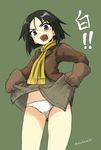  black_eyes black_hair bomber_jacket brave_witches cameltoe gloves highres jacket kanno_naoe looking_at_viewer makaze_(t-junction) no_pants open_mouth panties scarf shirt_lift short_hair solo underwear white_panties world_witches_series 