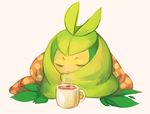  coffee coffee_mug cup gen_5_pokemon grey_background leaf mug no_humans pokemon pokemon_(creature) sang_(bloodredbites) simple_background solo swadloon 