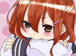  absurdres blush_stickers brown_eyes brown_hair crossed_arms fang_out hair_between_eyes hair_ornament hairclip head_on_arm highres ikazuchi_(kantai_collection) kantai_collection mitsudoue pout short_hair solo 