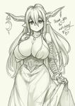  blush breasts cleavage curtsey danua draph dress elbow_gloves gloves granblue_fantasy horn_ornament horns jewelry large_breasts long_hair monochrome necklace pas_(paxiti) pointy_ears solo spaghetti_strap thank_you 