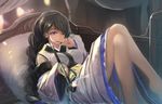  bad_id bad_pixiv_id barefoot black_hair braid crossed_legs detached_sleeves hand_on_own_cheek holding holding_pipe japanese_clothes kikivi kiseru long_hair lying mole mole_under_mouth on_bed original pillow pipe purple_eyes solo 
