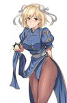  blush bun_cover china_dress chinese_clothes chun-li chun-li_(cosplay) cosplay djeeta_(granblue_fantasy) double_bun dress granblue_fantasy pantyhose pelvic_curtain short_hair smile solo street_fighter ulrich_(tagaragakuin) 