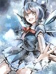  bad_id bad_pixiv_id blue_dress blue_eyes blue_hair bow cirno dress grey_eyes hair_bow ice ice_wings jan_(lightdragoon) open_mouth puffy_short_sleeves puffy_sleeves shirt short_sleeves silver_hair smile solo touhou wings 