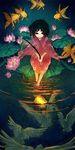  bird black_eyes black_hair blush fish fishing_line fishing_rod flower goldfish highres japanese_clothes lantern lotus pond short_hair smile solo wenqing_yan 