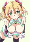  blonde_hair blush breasts breasts_outside green_eyes hacka_doll hacka_doll_1 large_breasts looking_at_viewer nipples orihara_kon pulled_by_self shirt_pull smile solo thighhighs twintails 