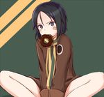  bandage_on_face black_hair bomber_jacket brave_witches doughnut fang food food_in_mouth jacket kanno_naoe looking_at_viewer momiji7728 scarf short_hair sitting solo world_witches_series 