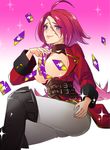  ahoge apple_inc. blue_eyes boots breasts breasts_outside card corset fate/extra fate_(series) francis_drake_(fate) gift_card itunes large_breasts long_hair non-web_source pink_hair scar smile solo yukai_sachiko 