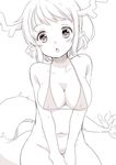  animal_ears blush breasts cleavage dragon_girl fuyuno_mikan horns looking_at_viewer medium_breasts monochrome simple_background solo tail white_background 