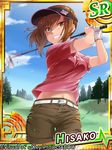  angel_beats! brown_eyes brown_hair gloves golf golf_club grin hisako_(angel_beats!) long_hair misaki_juri ponytail shorts smile solo visor_cap 