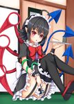  adapted_costume ahoge alternate_costume arm_snake asymmetrical_wings black_dress black_hair black_legwear bow dress enmaided garter_straps highres houjuu_nue looking_at_viewer maid maid_headdress open_mouth pointy_ears polearm red_eyes sitting snake solo thighhighs tokoya_(ex-hetare) touhou tray trident weapon wings wrist_cuffs 
