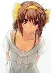  alternate_hairstyle arms_behind_back bangs breasts brown_eyes brown_hair cleavage collarbone dress hairband looking_at_viewer medium_breasts orange_hairband puyo ribbon short_hair short_twintails solo sundress suzumiya_haruhi suzumiya_haruhi_no_yuuutsu twintails 