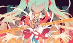  aqua_hair bandages bare_shoulders blonde_hair boots caution_tape commentary_request crowbar hair_over_eyes hatsune_miku highres holding keep_out knee_boots long_hair long_skirt long_sleeves looking_at_viewer looking_back multiple_girls open_hands ovos skirt smile streaming_heart_(vocaloid) twintails vocaloid 